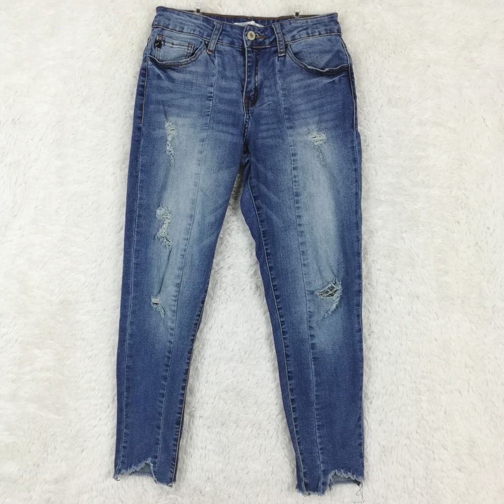 Kancan Jeans Womens Skinny Ankle Blue Stretch Ripped Raw Hem Stone Wash 27